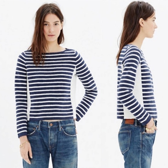 Madewell Striped Wool Blend Boat Neck Shoulder Zip Boxy Sweater Size XS - Picture 1 of 8